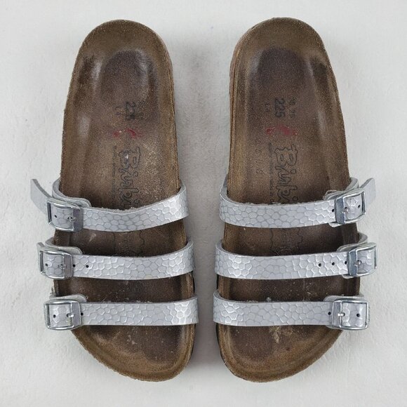 Birkis Birkenstock Metallic Sandals Silver Womens 4-4.5 35 Leather Strappy Slide - Picture 2 of 11